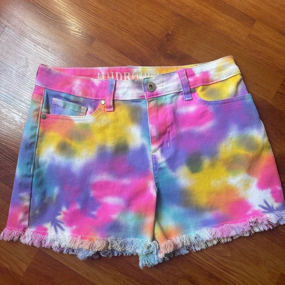 Hydraulic Shorts Murray Women's 6 High Rise Rainbow Tie Dye Denim Frayed Hem